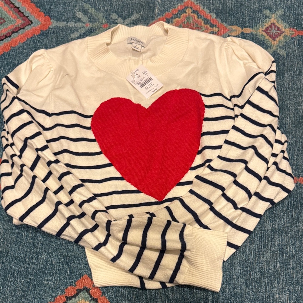 J. Crew Cream and Navy Striped Sweater with Red Heart